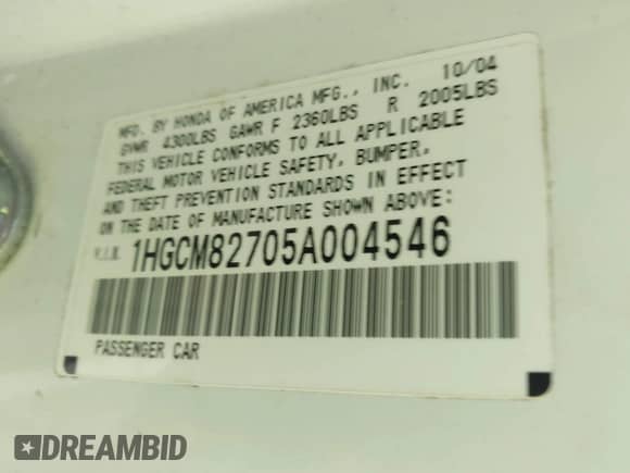 2005 Honda Accord EX-L z VIN 1HGCM82705A004546, wystawiony jako IAAI lot #42452679 z przebiegiem 237 797 mil mil oraz . Historia ofert i sprzedaży dostępna na DreamBid. Obrazek 9.