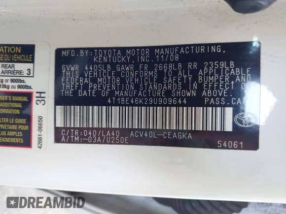2009 Toyota Camry with VIN 4T1BE46K29U909644, listed as a IAAI auction lot 42761547 with 144,838 mi miles and . Bid and sale history available at DreamBid. Image 9.