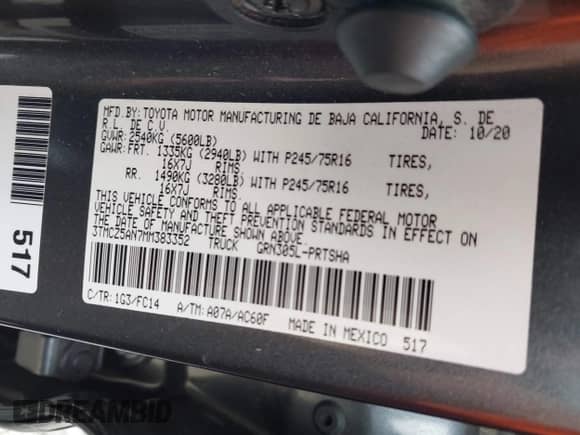 2021 Toyota Tacoma SR with VIN 3TMCZ5AN7MM383352, listed as a IAAI auction lot 43246296 with 44,937 mi miles and . Bid and sale history available at DreamBid. Image 9.