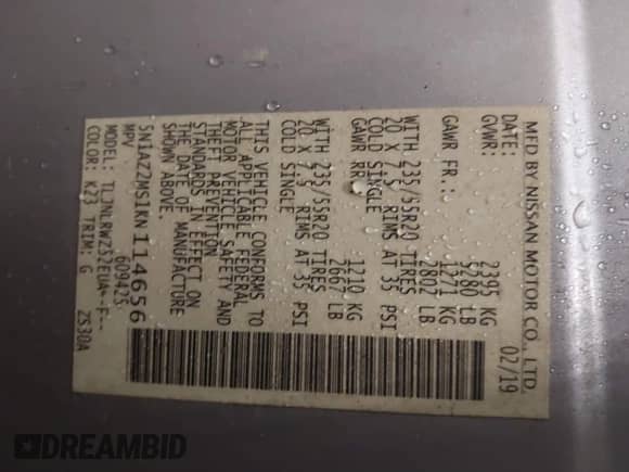 2019 Nissan Murano S with VIN 5N1AZ2MS1KN114656, listed as a IAAI auction lot 39742912 with 57,062 mi miles and . Bid and sale history available at DreamBid. Image 9.