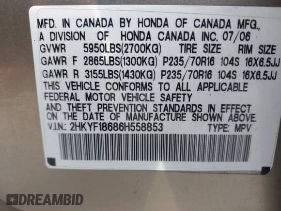 2006 Honda Pilot EX-L z VIN 2HKYF18686H558853, wystawiony jako IAAI lot #42941099 z przebiegiem 274 418 mil mil oraz . Historia ofert i sprzedaży dostępna na DreamBid. Obrazek 9.