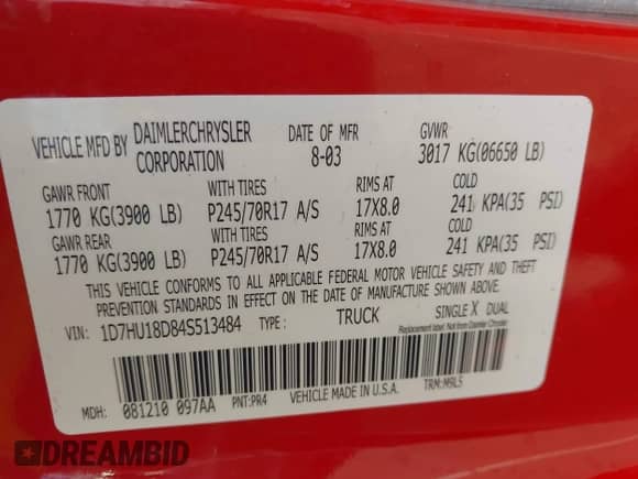 2004 Dodge 1500 SLT with VIN 1D7HU18D84S513484, listed as a IAAI auction lot 43410321 with 203,826 mi miles and . Bid and sale history available at DreamBid. Image 9.