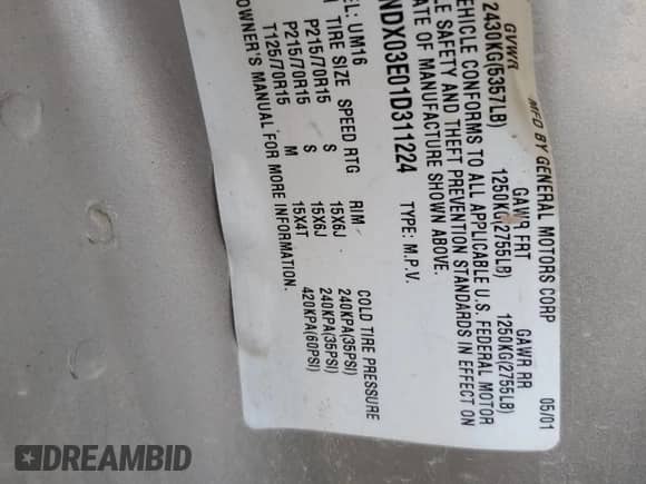 2001 Chevrolet Venture Plus Y3H Mobility с VIN 1GNDX03E01D311224, выставлен на аукционе Copart как лот 67398874 с пробегом 123 170 миль миль и Списание • Salvage title. История ставок и продаж доступна на DreamBid. Изображение 15.