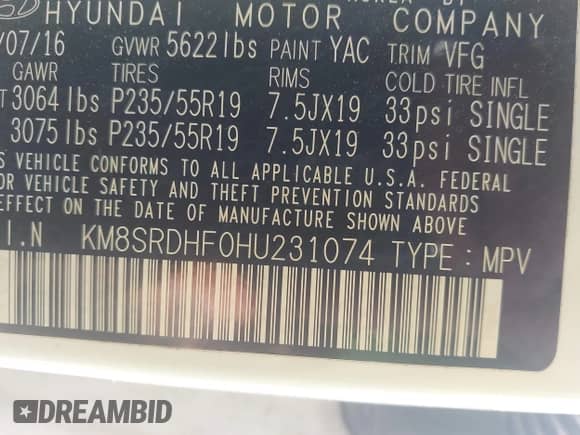 2017 Hyundai Santa Fe Limited Ultimate with VIN KM8SRDHF0HU231074, listed as a IAAI auction lot 42571650 with 159,214 mi miles and . Bid and sale history available at DreamBid. Image 9.