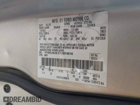 2007 Ford Explorer XLT с VIN 1FMEU63EX7UB74516, выставлен на аукционе IAAI как лот 43433565 с пробегом 237 174 миль миль и . История ставок и продаж доступна на DreamBid. Изображение 9.