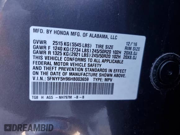 2017 Honda Pilot Touring с VIN 5FNYF5H96HB003659, выставлен на аукционе Copart как лот 86496755 с пробегом Не указан миль и Списание • Salvage title. История ставок и продаж доступна на DreamBid. Изображение 13.