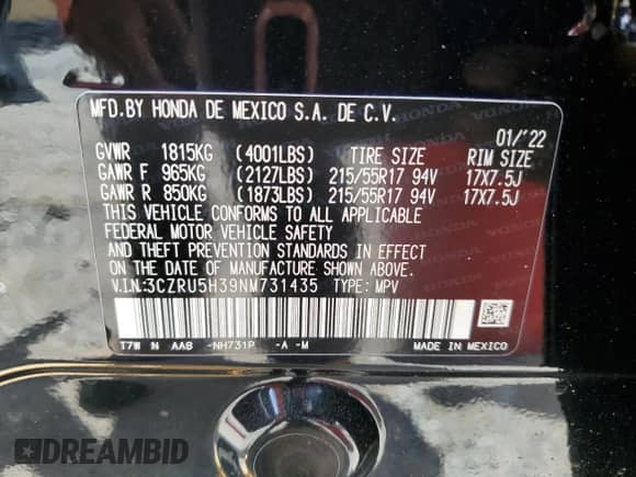 2022 Honda HR-V LX с VIN 3CZRU5H39NM731435, выставлен на аукционе Copart как лот 80827125 с пробегом 12 754 миль миль и На запчасти • Non repairable. История ставок и продаж доступна на DreamBid. Изображение 12.