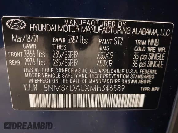 2021 Hyundai Santa Fe Limited with VIN 5NMS4DALXMH346589, listed as a IAAI auction lot 42412099 with 32,354 mi miles and . Bid and sale history available at DreamBid. Image 9.