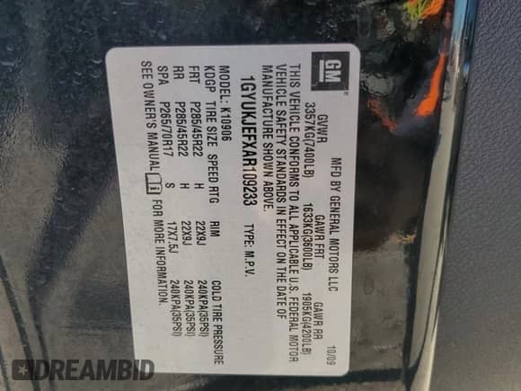 2010 Cadillac Escalade ESV Premium with VIN 1GYUKJEFXAR109233, listed as a Copart auction lot 86785064 with 263,284 mi miles and Salvage title. Bid and sale history available at DreamBid. Image 15.