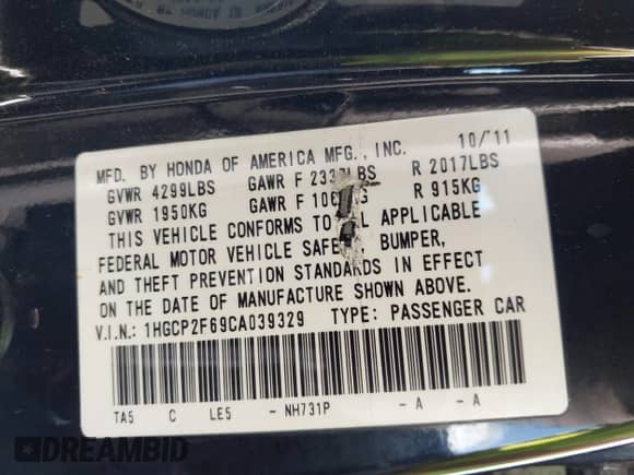 2012 Honda Accord SE z VIN 1HGCP2F69CA039329, wystawiony jako IAAI lot #43465242 z przebiegiem 162 196 mil mil oraz . Historia ofert i sprzedaży dostępna na DreamBid. Obrazek 9.