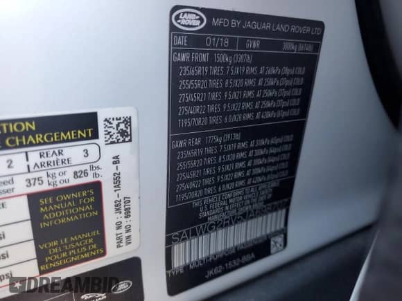 2018 Land Rover Range Rover Sport SE with VIN SALWG2RV5JA698707, listed as a Copart auction lot 57176525 with 75,796 mi miles and Salvage title. Bid and sale history available at DreamBid. Image 13.