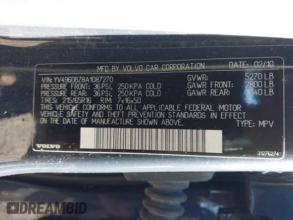 2010 Volvo XC70 3.2L with VIN YV4960BZ8A1087270, listed as a IAAI auction lot 43440020 with 162,141 mi miles and . Bid and sale history available at DreamBid. Image 9.