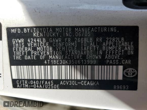 2005 Toyota Camry LE с VIN 4T1BE30K95U613999, выставлен на аукционе Copart как лот 80613715 с пробегом 168 072 миль миль и Списание • Salvage title. История ставок и продаж доступна на DreamBid. Изображение 12.