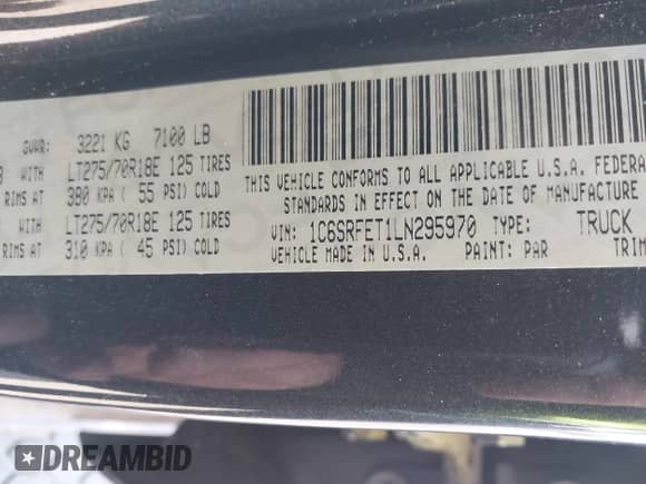 2020 Ram 1500 Rebel with VIN 1C6SRFET1LN295970, listed as a IAAI auction lot 41290288 with 146,496 mi miles and . Bid and sale history available at DreamBid. Image 9.