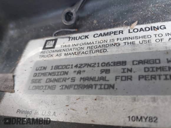 1992 Chevrolet Silverado 1500 с VIN 1GCDC14Z7NZ106388, выставлен на аукционе IAAI как лот 42554602 с пробегом 103 545 миль миль и . История ставок и продаж доступна на DreamBid. Изображение 9.