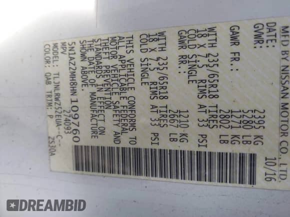 2017 Nissan Murano S with VIN 5N1AZ2MH8HN109760, listed as a IAAI auction lot 41401229 with 84,229 mi miles and . Bid and sale history available at DreamBid. Image 9.