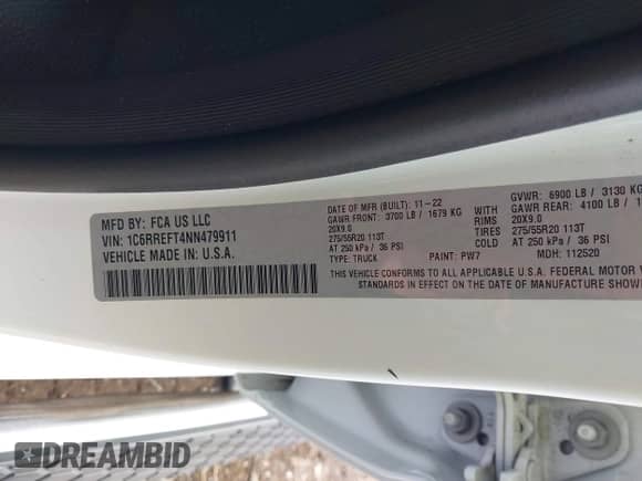 2022 Ram 1500 Big Horn z VIN 1C6RREFT4NN479911, wystawiony jako IAAI lot #43484590 z przebiegiem 37 749 mil mil oraz . Historia ofert i sprzedaży dostępna na DreamBid. Obrazek 9.