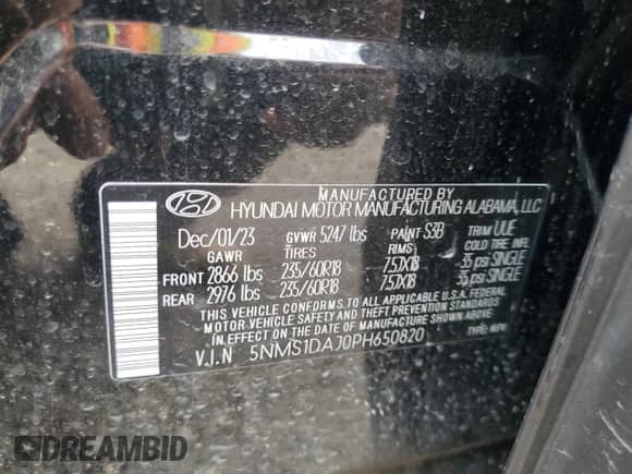 2023 Hyundai Santa Fe SE с VIN 5NMS1DAJ0PH650820, выставлен на аукционе Copart как лот 65330715 с пробегом 5 543 миль миль и Списание • Salvage title. История ставок и продаж доступна на DreamBid. Изображение 13.