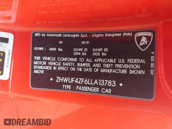 2020 Lamborghini Huracan with VIN ZHWUF4ZF6LLA13783, listed as a IAAI auction lot 42235369 with 7,737 mi miles and . Bid and sale history available at DreamBid. Image 9.
