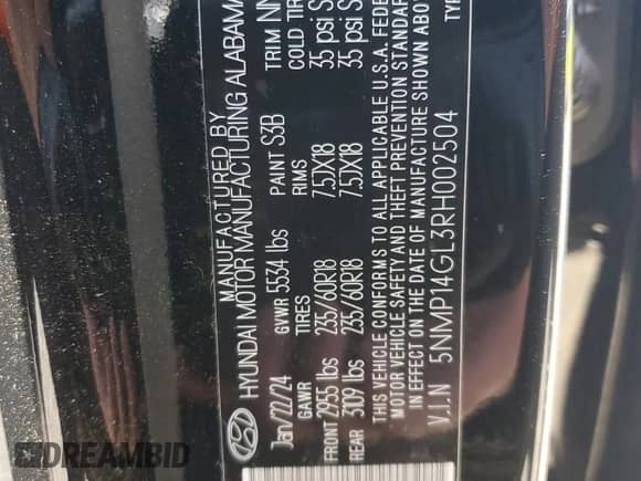 2024 Hyundai Santa Fe SE с VIN 5NMP14GL3RH002504, выставлен на аукционе Copart как лот 68522875 с пробегом 24 957 миль миль и Чистый • Clean title. История ставок и продаж доступна на DreamBid. Изображение 14.