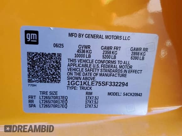 2025 Chevrolet Silverado 2500HD with VIN 1GC1KLE75SF332294, listed as a Copart auction lot 80072225 with 1,623 mi miles and Salvage title. Bid and sale history available at DreamBid. Image 12.