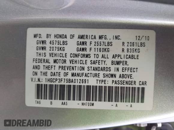 2011 Honda Accord EX z VIN 1HGCP3F75BA012691, wystawiony jako IAAI lot #41884408 z przebiegiem 226 764 mil mil oraz . Historia ofert i sprzedaży dostępna na DreamBid. Obrazek 9.