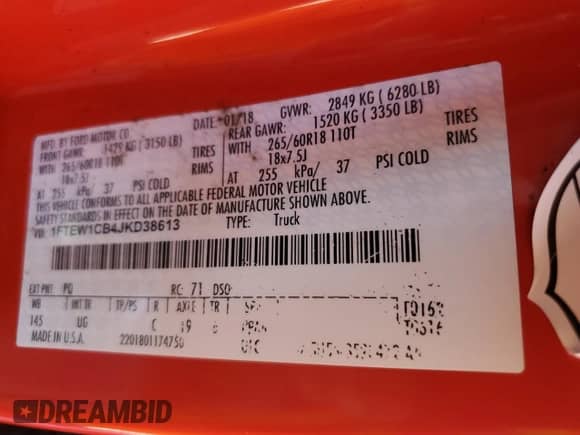 2018 Ford F-150 XL z VIN 1FTEW1CB4JKD38613, wystawiony jako Copart lot #69875955 z przebiegiem 92 012 mil mil oraz Szkoda całkowita • Salvage title. Historia ofert i sprzedaży dostępna na DreamBid. Obrazek 12.