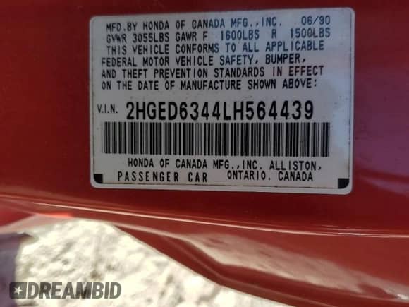 1990 Honda Civic with VIN 2HGED6344LH564439, listed as a Copart auction lot 77142714 with 157,214 mi miles and Salvage title. Bid and sale history available at DreamBid. Image 13.