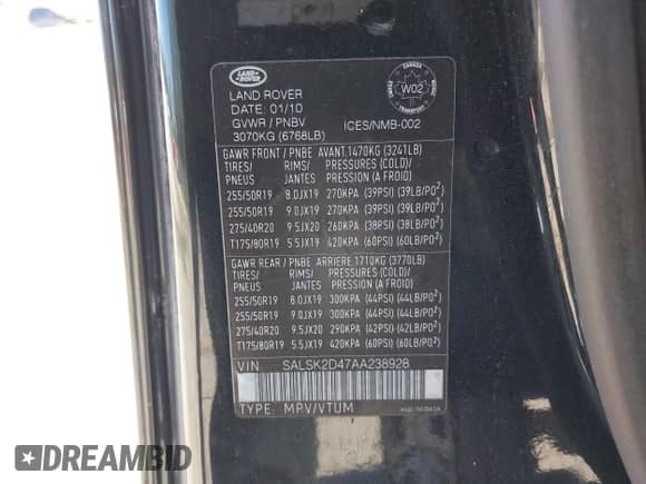 2010 Land Rover Range Rover Sport HSE Lux z VIN SALSK2D47AA238928, wystawiony jako IAAI lot #42762024 z przebiegiem 265 751 mil mil oraz . Historia ofert i sprzedaży dostępna na DreamBid. Obrazek 9.