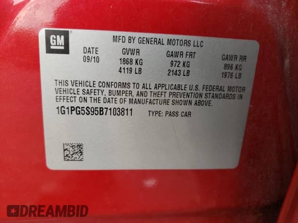 2011 Chevrolet Cruze 2LT с VIN 1G1PG5S95B7103811, выставлен на аукционе Copart как лот 81482675 с пробегом 105 833 миль миль и Списание • Salvage title. История ставок и продаж доступна на DreamBid. Изображение 12.