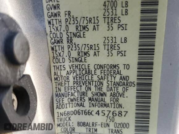 2006 Nissan Frontier XE with VIN 1N6BD06T66C457687, listed as a Copart auction lot 65402515 with 110,224 mi miles and Salvage title. Bid and sale history available at DreamBid. Image 12.
