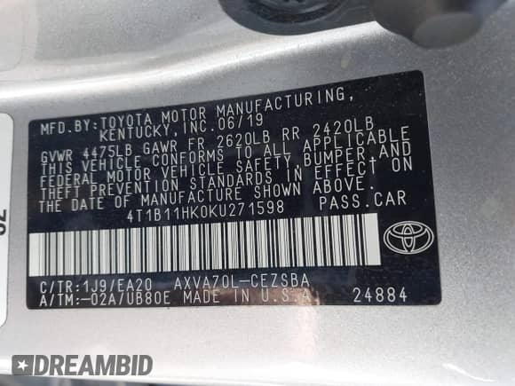 2019 Toyota Camry SE z VIN 4T1B11HK0KU271598, wystawiony jako IAAI lot #43243266 z przebiegiem 113 881 mil mil oraz . Historia ofert i sprzedaży dostępna na DreamBid. Obrazek 9.