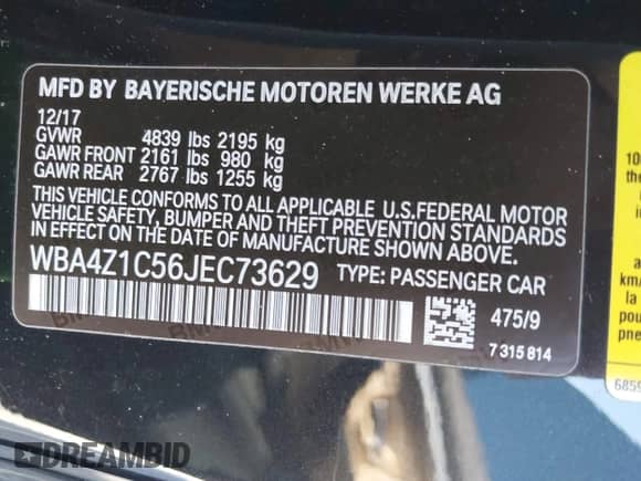 2018 BMW 4 Series 430i with VIN WBA4Z1C56JEC73629, listed as a IAAI auction lot 42539433 with 60,025 mi miles and . Bid and sale history available at DreamBid. Image 9.