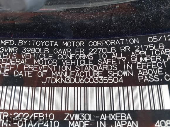 2012 Toyota Prius One with VIN JTDKN3DU6C0335504, listed as a IAAI auction lot 43093854 with 170,074 mi miles and . Bid and sale history available at DreamBid. Image 9.