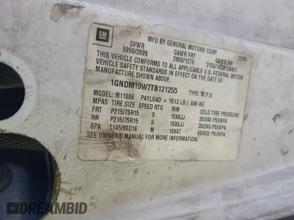 1996 Chevrolet Astro z VIN 1GNDM19W7TB121255, wystawiony jako IAAI lot #41421948 z przebiegiem Nie podano mil oraz . Historia ofert i sprzedaży dostępna na DreamBid. Obrazek 9.