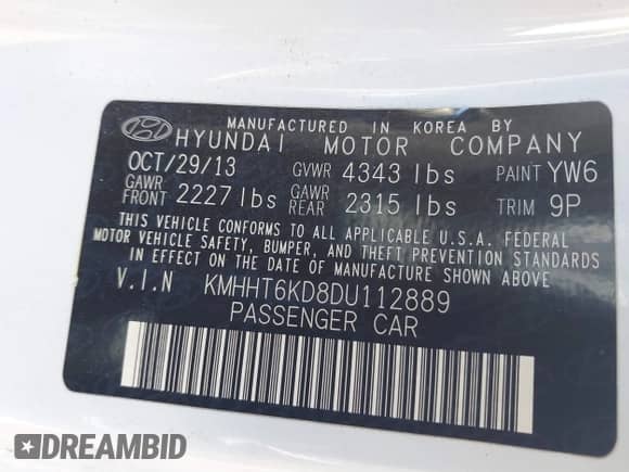 2013 Hyundai Genesis Coupe Premium with VIN KMHHT6KD8DU112889, listed as a IAAI auction lot 36463994 with 95,961 mi miles and . Bid and sale history available at DreamBid. Image 9.