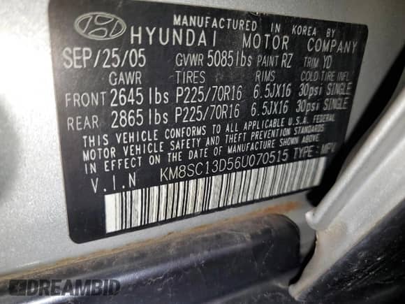 2006 Hyundai Santa Fe GLS с VIN KM8SC13D56U070515, выставлен на аукционе Copart как лот 69793365 с пробегом 187 516 миль миль и Списание • Salvage title. История ставок и продаж доступна на DreamBid. Изображение 14.