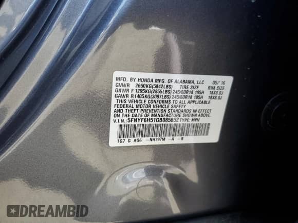 2016 Honda Pilot EX-L with VIN 5FNYF6H51GB085852, listed as a Copart auction lot 81740365 with 130,346 mi miles and Salvage title. Bid and sale history available at DreamBid. Image 12.