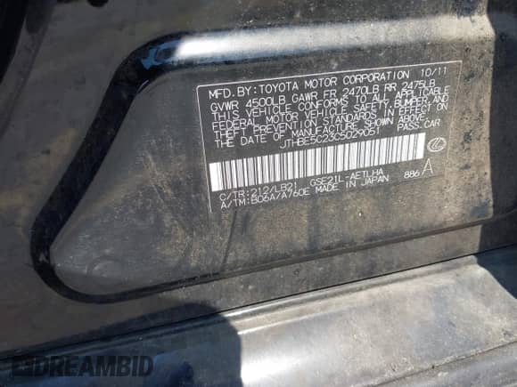 2012 Lexus IS 350 z VIN JTHBE5C23C5029051, wystawiony jako IAAI lot #42787547 z przebiegiem 178 411 mil mil oraz . Historia ofert i sprzedaży dostępna na DreamBid. Obrazek 9.