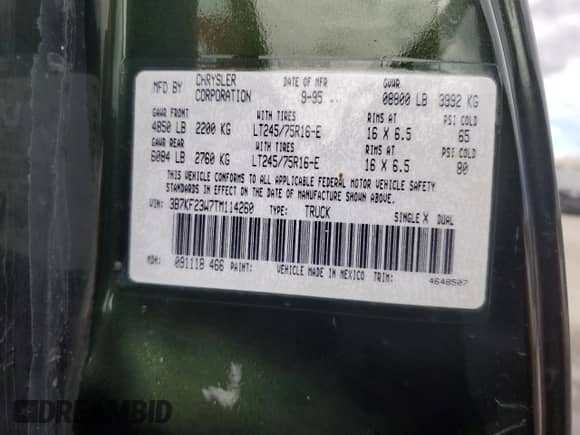 1996 Dodge 2500 с VIN 3B7KF23W7TM114260, выставлен на аукционе Copart как лот 46667115 с пробегом 141 515 миль миль и Чистый • Clean title. История ставок и продаж доступна на DreamBid. Изображение 12.