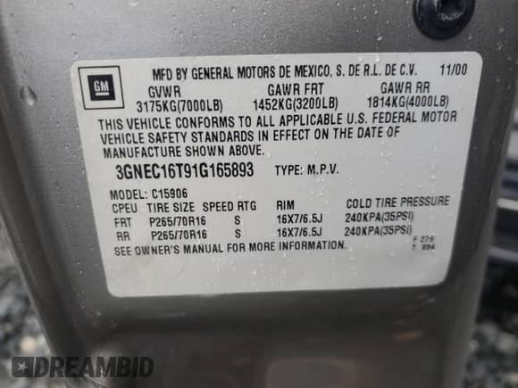 2001 Chevrolet Suburban LS with VIN 3GNEC16T91G165893, listed as a Copart auction lot 72577224 with 270,842 mi miles and Salvage title. Bid and sale history available at DreamBid. Image 15.