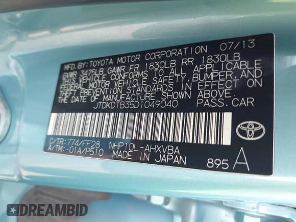 2013 Toyota Prius One z VIN JTDKDTB35D1049040, wystawiony jako IAAI lot #43130782 z przebiegiem 96 170 mil mil oraz . Historia ofert i sprzedaży dostępna na DreamBid. Obrazek 9.