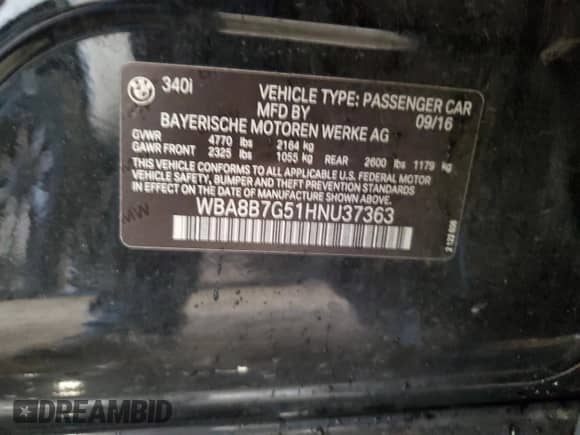 2017 BMW 3 Series 340i xDrive with VIN WBA8B7G51HNU37363, listed as a Copart auction lot 83963735 with 117,100 mi miles and Salvage title. Bid and sale history available at DreamBid. Image 13.