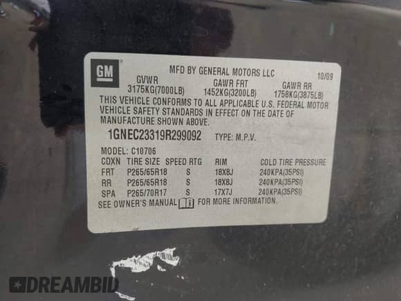 2009 Chevrolet Tahoe 2LT with VIN 1GNEC23319R299092, listed as a IAAI auction lot 42264628 with 194,186 mi miles and . Bid and sale history available at DreamBid. Image 9.