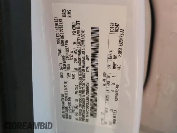 2014 Ford Escape SE с VIN 1FMCU0GX2EUD85934, выставлен на аукционе Copart как лот 82550975 с пробегом 156 384 миль миль и Списание • Salvage title. История ставок и продаж доступна на DreamBid. Изображение 13.