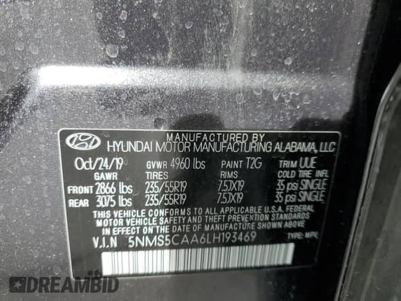 2020 Hyundai Santa Fe Limited with VIN 5NMS5CAA6LH193469, listed as a Copart auction lot 64359192 with 5,524 mi miles and . Bid and sale history available at DreamBid. Image 10.