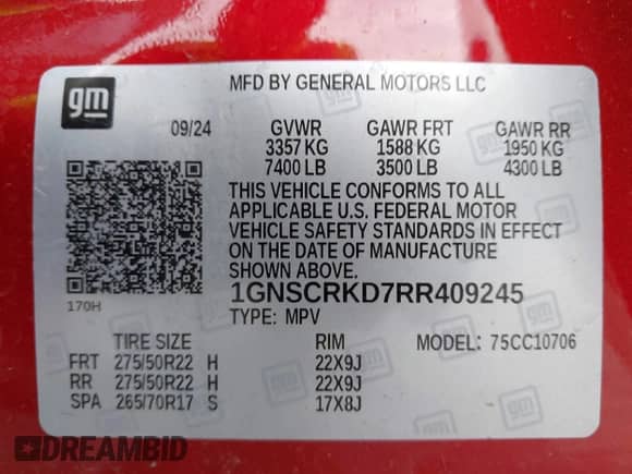 2024 Chevrolet Tahoe RST с VIN 1GNSCRKD7RR409245, выставлен на аукционе IAAI как лот 42133470 с пробегом 11 051 миль миль и . История ставок и продаж доступна на DreamBid. Изображение 9.