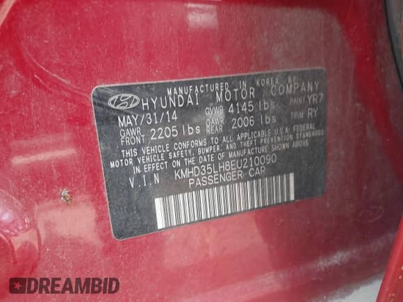 2014 Hyundai Elantra with VIN KMHD35LH8EU210090, listed as a IAAI auction lot 43177211 with 115,491 mi miles and . Bid and sale history available at DreamBid. Image 9.