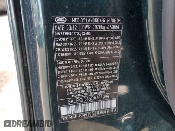 2012 Land Rover Range Rover Sport HSE Lux with VIN SALSK2D45CA751999, listed as a Copart auction lot 67431535 with 137,254 mi miles and Clean title. Bid and sale history available at DreamBid. Image 13.