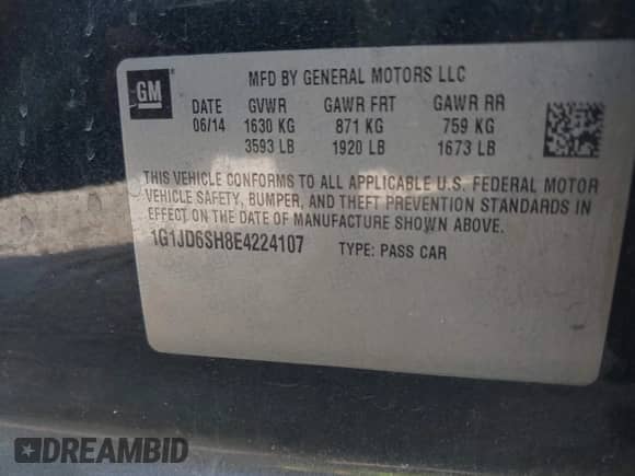 2014 Chevrolet Sonic LT z VIN 1G1JD6SH8E4224107, wystawiony jako IAAI lot #43370286 z przebiegiem 163 665 mil mil oraz . Historia ofert i sprzedaży dostępna na DreamBid. Obrazek 9.